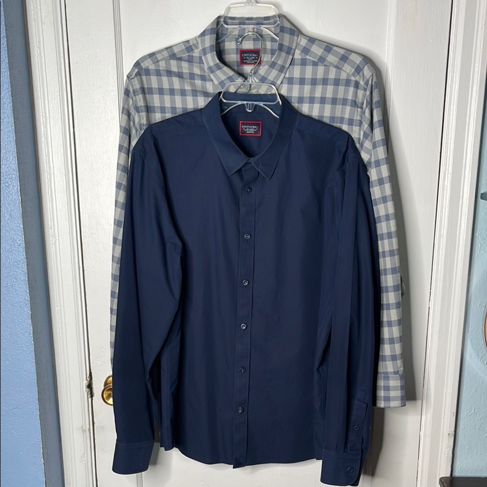 UNTUCKit XXL Blue Gray Dress Shirts Gingham Plaid Slim Fit Mens Navy Long Sleeve